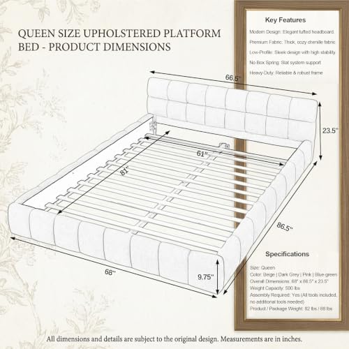 Upholstered Platform Bed Frame, Low Profile Chenille Bed with Headboard, Mode...