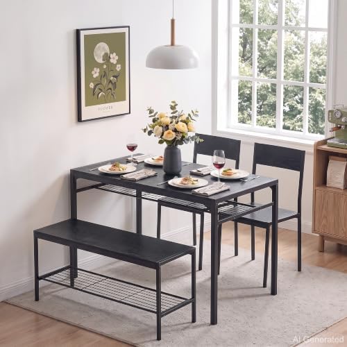 VECELO Kitchen Dining Room Table with 2 Chairs & Bench, Compact Space-Sav...