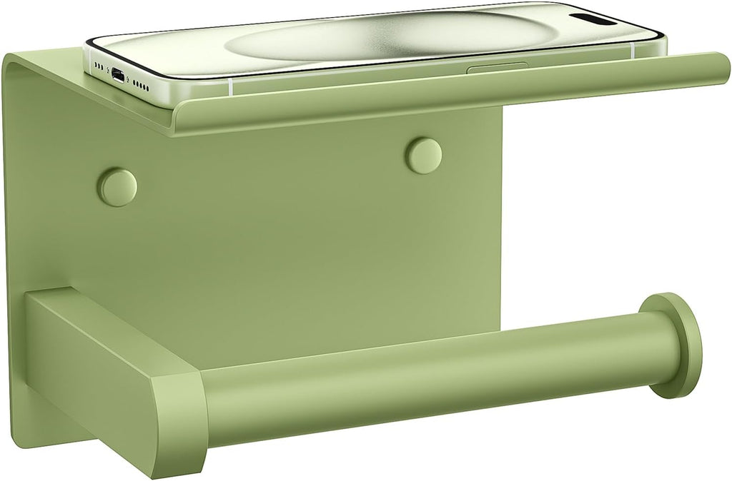 Tindbea Toilet Paper Holder with Shelf Adhesive or Screw Wall Mounted Toilet Paper Roll Dispenser Storage, Stainless Steel Bathroom Shelf Holder Accessories (Soft Sage Green)