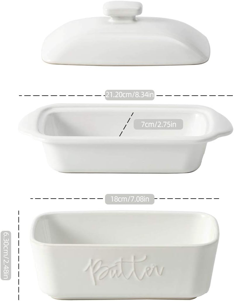 FE Butter Dish, 10 oz Ceramic Butter Keeper with Water Line, French Butter Dish with Lid for Countertop (White)