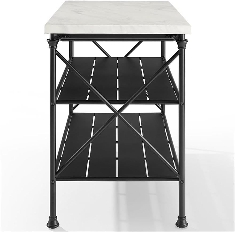 Pemberly Row Kitchen Island, Matte Black Steel Base, White Faux Marble Top, 5...