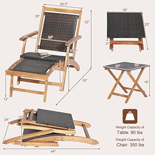 Tangkula Patio Lounge Chair and Side Table Set, Acacia Wood Wicker Folding Ta...