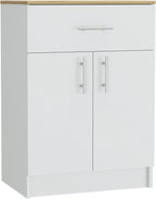 23.6" D*15.9" W*33.5" H Freestanding Kitchen Pantry with Dawer & Shelf, Double Door, Natural Wood Top, Rectangular Storage Cabinet, Modern Minimalist, for Living Room, Dining Room, White