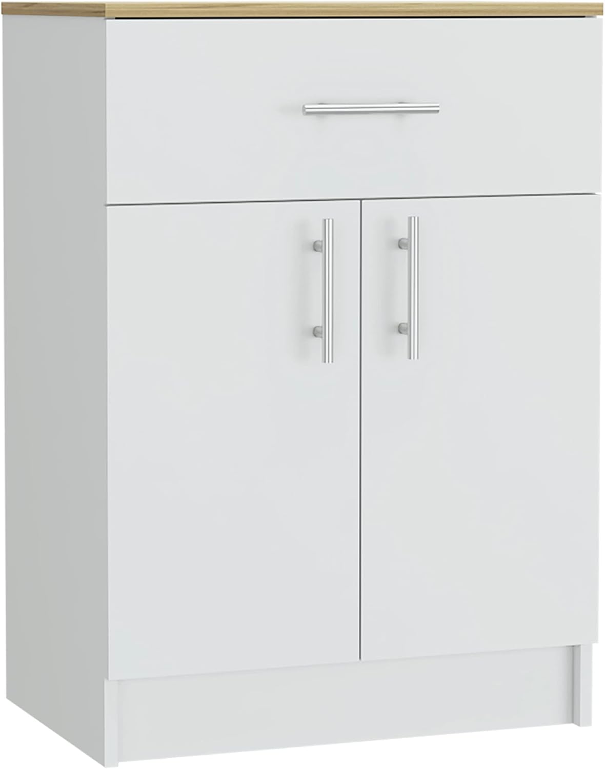 23.6" D*15.9" W*33.5" H Freestanding Kitchen Pantry with Dawer & Shelf, Double Door, Natural Wood Top, Rectangular Storage Cabinet, Modern Minimalist, for Living Room, Dining Room, White