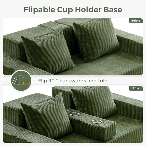 MAXYOYO Sofa Bed, 64-Inch Loveseat with 2 Cup Holders | Corded Green 4-in-1 S...