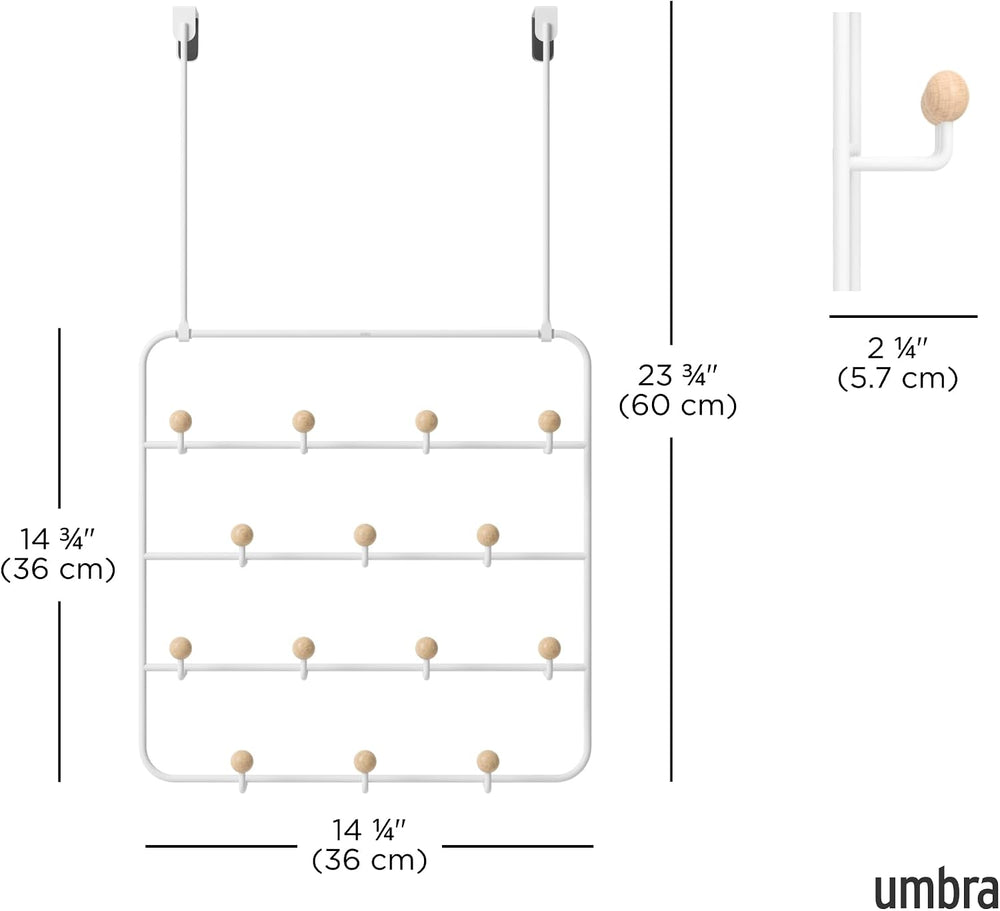 Umbra Estique Coat Rack, Over the Door Wall Hooks, 14 Hook, White/Natural