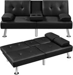 Yaheetech Convertible Sofa Bed Adjustable Couch Sleeper Modern Faux Leather Recliner Reversible Loveseat Folding Daybed Guest Bed, Removable Armrests, Cup Holders, 3 Angles, 772lb Capacity, Black