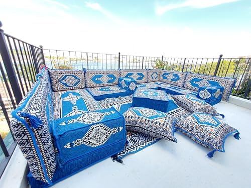 arabicsofa U Shaped Arabic Sofa Set – Royal Blue Modular Floor Seating for Gu...