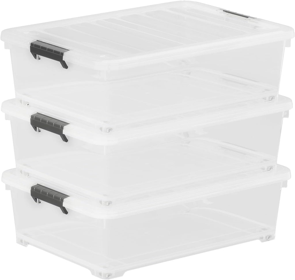 30 L Wheeled Latch Box, Clear Underbed Storage Bin with Lid, Black Latch, 4 Count