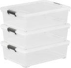 30 L Wheeled Latch Box, Clear Underbed Storage Bin with Lid, Black Latch, 4 Count