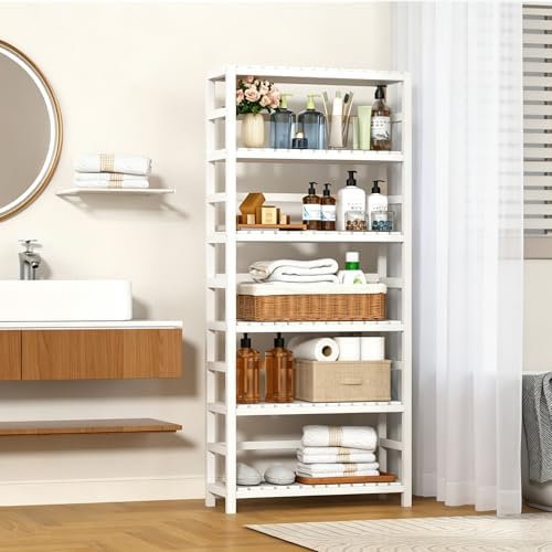VASMIA 6-Tier Bamboo Shelf,Bamboo Storage Shelving Unit,Tall Bookcase with Ad...