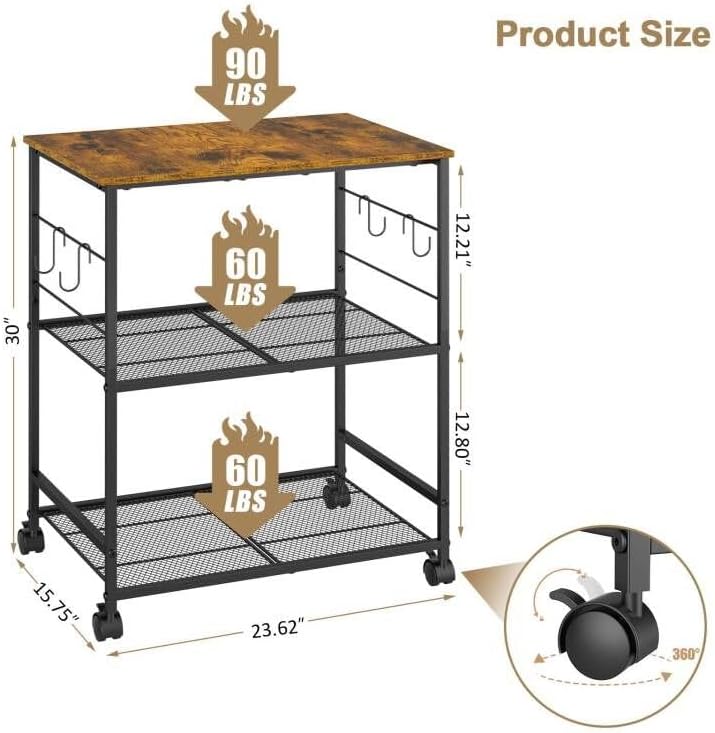 ThreeHio Rolling Kitchen Microwave Cart, 3 Tier Microwave Table Stand with St...