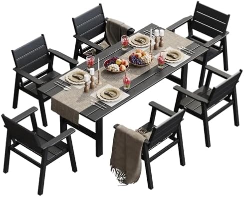 HDPE Outdoor Dining Table and Chairs, 7-Piece Patio Table and Chairs Set, Out...