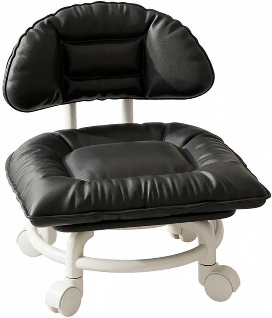 Low Rolling Stool with Backrest, Short Swivel Chair with Wheels (Black) | Thick PU leather seat, 360 silent casters, 165 lbs weight limit, ideal for nursery, pedicure salon, floor cleaning