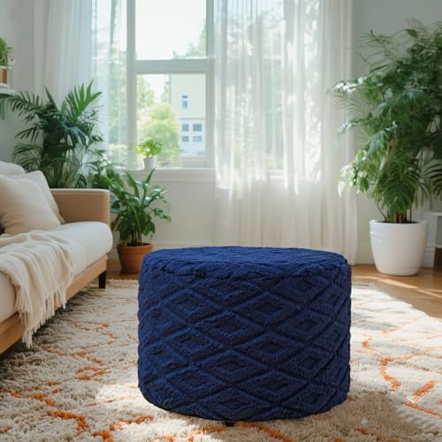 Round Ottoman Pouf, All-in-One Foam Filling Foot Rest 20x14In Navy | Stuffed Floor Pouf,Ottoman Foot Stool for Couch,Stuffed Pouf,Boho Floor Seating,Bean Bag Ottoman for Living Room Bedroom Dorm