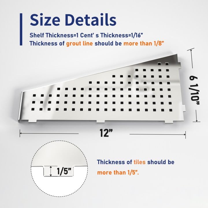 Corner Shower Shelf 12" Polished 304 Stainless Steel Recessed Trapezoid Grout in Shelves with Grid Design Bathroom Shelf Racks for Tiled Wall, 2 Pack
