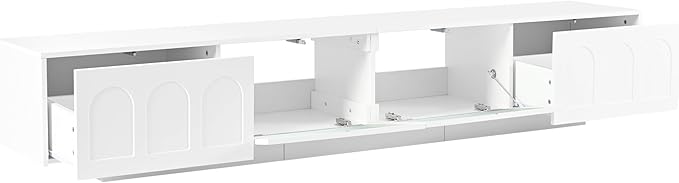 Ball & Cast Modern TV Stand with Fluted Tempered Glass Doors for TVs up to 95'', Entertainment Center w/Led Lights, Cabinets & 2 Drawers,Arched Door Design,Media Console for Living Room,White