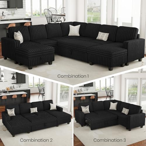 Belffin Corduroy Sleeper Sofa Bed with Storage Chaise Modular Sectional Sofa ...