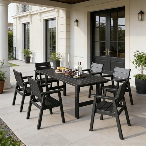 HDPE Outdoor Dining Table and Chairs, 7-Piece Patio Table and Chairs Set, Out...