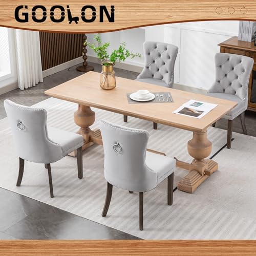 Velvet Dining Room Chairs Set of 2, Button Tufted, Wood Legs, Light Gray