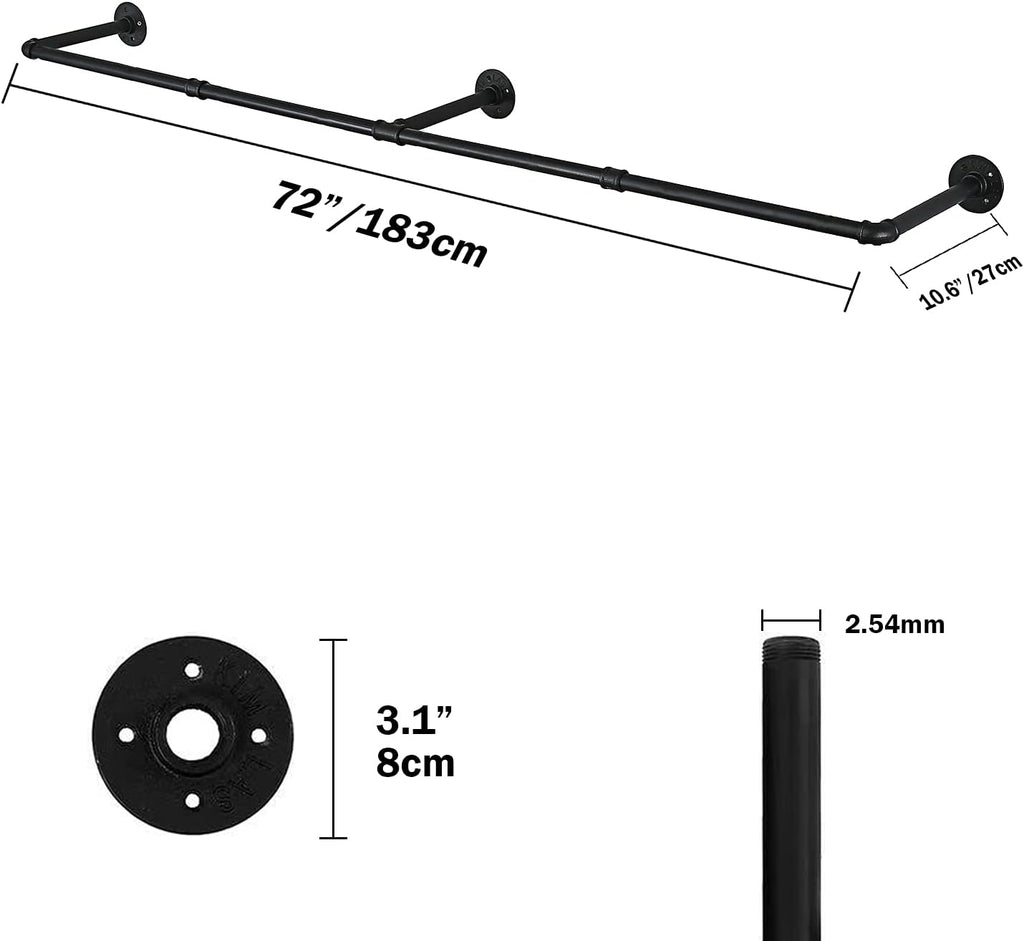 Oroonoko 72inch Industrial Pipe Clothes Rack Wall Mount For Hanging Rod Bar for Laundry Room, Closet Rod& Plant Hanger Up to Max Load 135Lb Black (72inch(1 Pack))