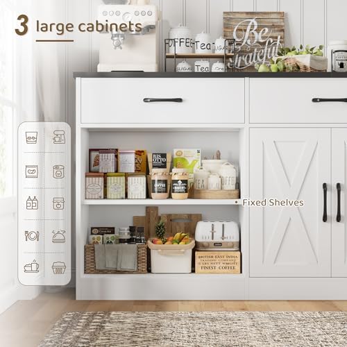 HOSTACK 71" W Kitchen Sideboard Buffet Cabinet with Storage, White/Black