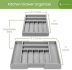 Purawood Bamboo Drawer Organizer - Expandable Silverware Organizer & Utensil Organizer, Cutlery Tray with Dividers, 7-9 Slots - Premium Kitchen Drawer Organizer for Utensils & Flatware (Grey)