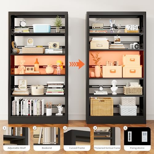 Heavy Duty Metal Bookshelf, 71” Tall 5-Tier Bookcase, Thickened 300LB Capacit...
