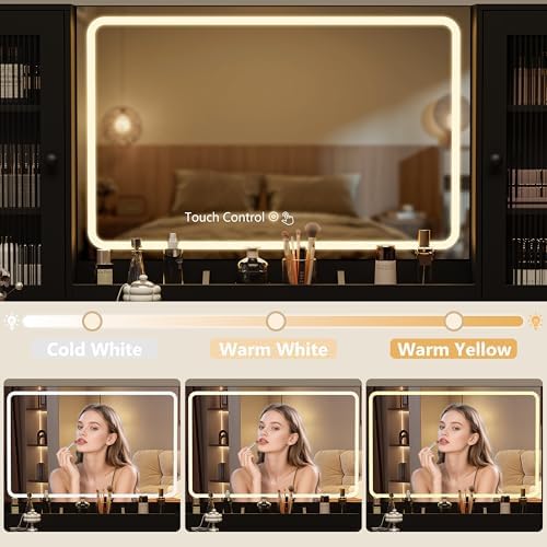 Fluted Makeup Vanity Desk with Mirror and Lights, 55" Glass Top Vanity w...