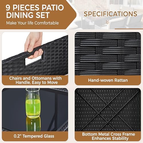 Yaheetech 9 Pcs Patio Dining Sets, Rattan Chairs w/Glass Table Black/Beige