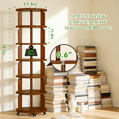 6 Tier 360° Rotating Solid Wood Bookshelf with Wheels