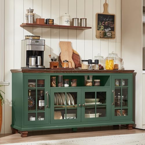 SAVOR LIFE 60-Inch Sideboard Buffet Cabinet with Glass Doors,Vintage Green