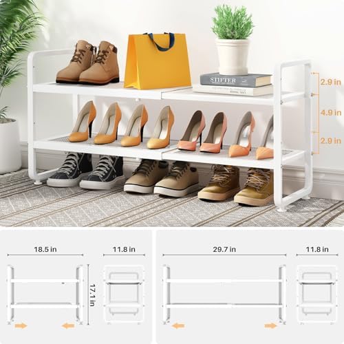 Expandable Metal Shoe Rack for Closet, Entryway & Garage, 2-Tier, White | Adjustable Height for Boots, Stackable Design, Dense Mesh Shelves for Heels, Fits Small Spaces, Apartments and Rentals