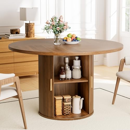 47-Inch Round Dining Table for 4-6, Tambour Door Storage, Walnut