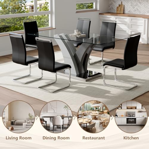 Glass Dining Table Set for 6, 71” Kitchen Table Set for 6, Large Dining Room ...