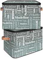 Personalized Name Storage Basket, Custom Keepsake Box, Grey Green | Foldable Fabric Gradient Large Memory Bin with Handle Lid Lightweight Waterproof Dustproof, 14"L x 10.2"W x 10.4"H