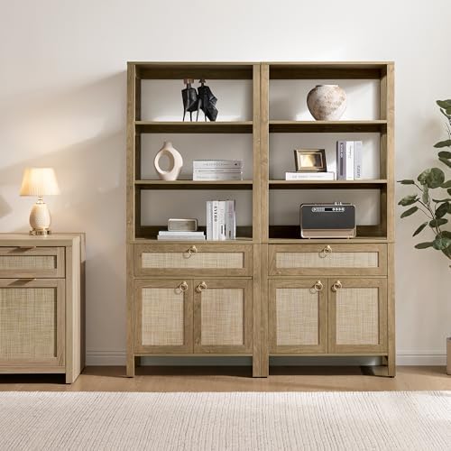 SICOTAS 68.5" Tall Boho Rattan Bookshelf with Single Drawer & Storag...