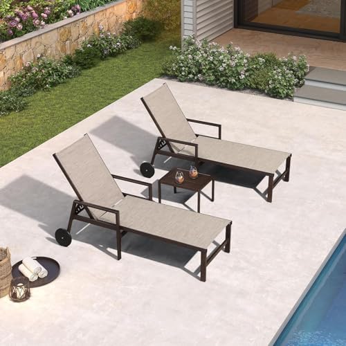 PURPLE LEAF Outdoor Chaise Lounge Chair with Armrests Bronze Aluminum Beige
