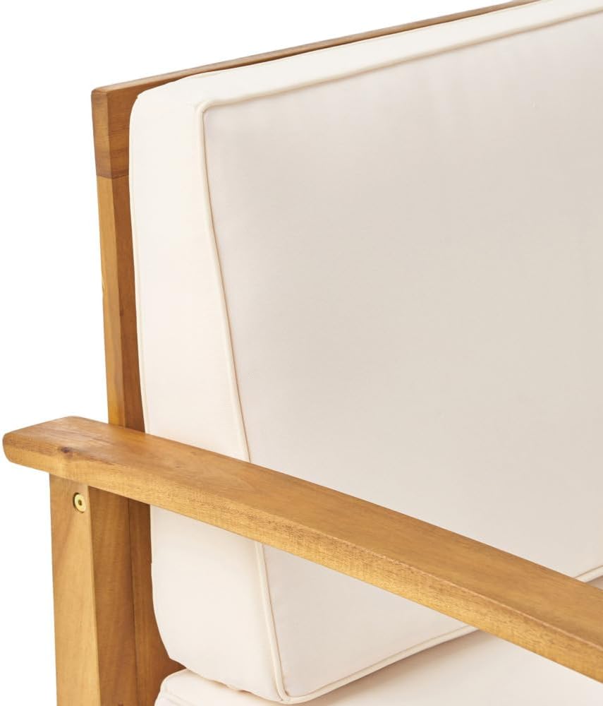 Weatherproof Acacia Wood Outdoor Arm Chair with Beige Cushions, Indoor & ...