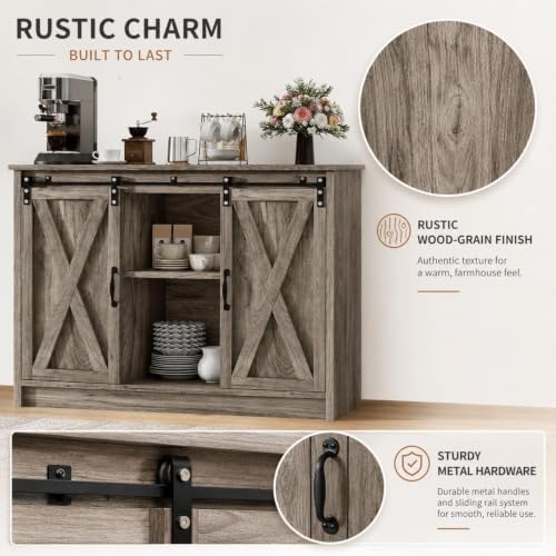4 EVER WINNER Farmhouse Coffee Bar, 42 Inch Coffee Bar Cabinet, Wash Grey
