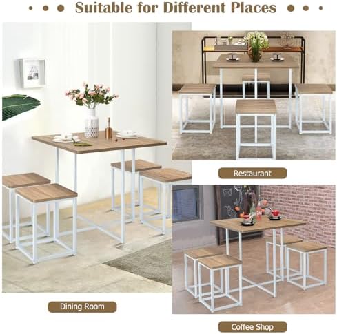 GIANTEX Dining Table Set for 4, Metal Frame, Space-Saving (Natural & White)