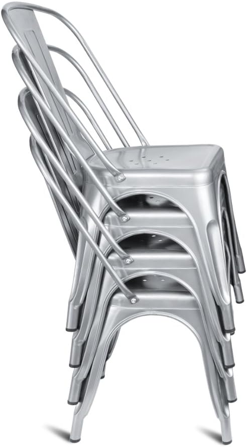 Devoko Metal Indoor-Outdoor Chairs Distressed Style Kitchen Dining Chairs Stackable Side Chair with Back Set of 4 (Silver)