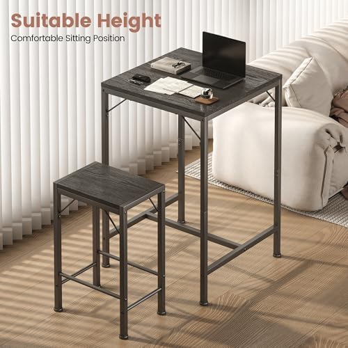 Homeiju Bar Table and Chairs Set, Square Bar Table with 2 Stools, Space-Savin...