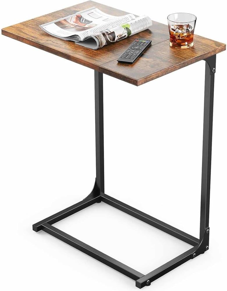 Side Table for Couch, C Shape End Table with Metal Frame, Adjustable Feet Hei...