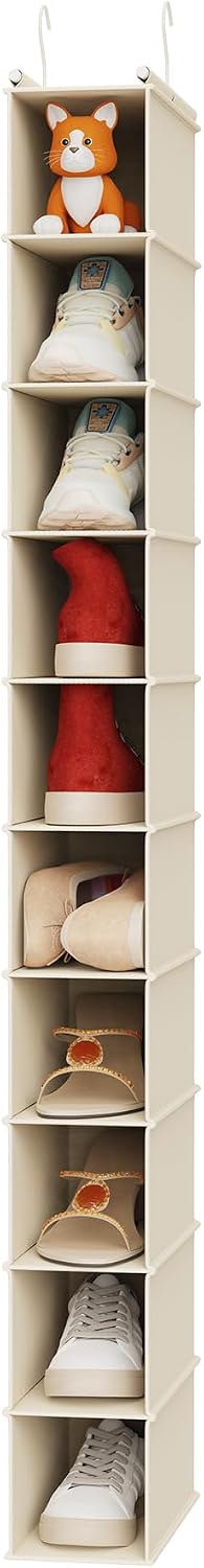 MAX Houser 10-Shelf Hanging Shoe Shelf Organizer for Closet Beige | Foldable Hanging Shoe Storage Shelf with 2 Metal Hooks, Space Saving Storage for Narrow Space