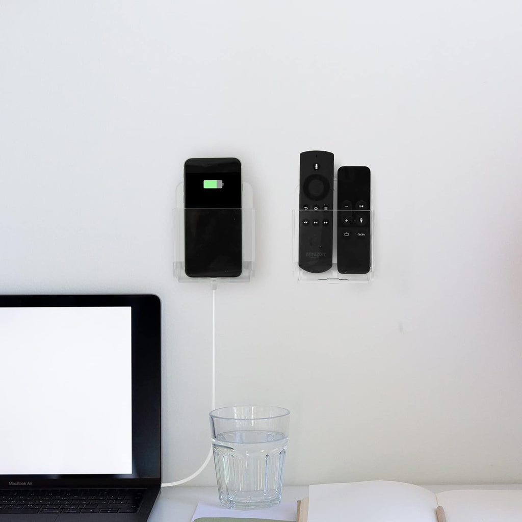 Cosmos Pack of 2 Acrylic Remote Control Holder Adhesive Wall Mount Phone Holder Wall Mount Organizer Media Storage Box Phone Charging Storage Box for Home Office Living Room Bedroom (Transparent)