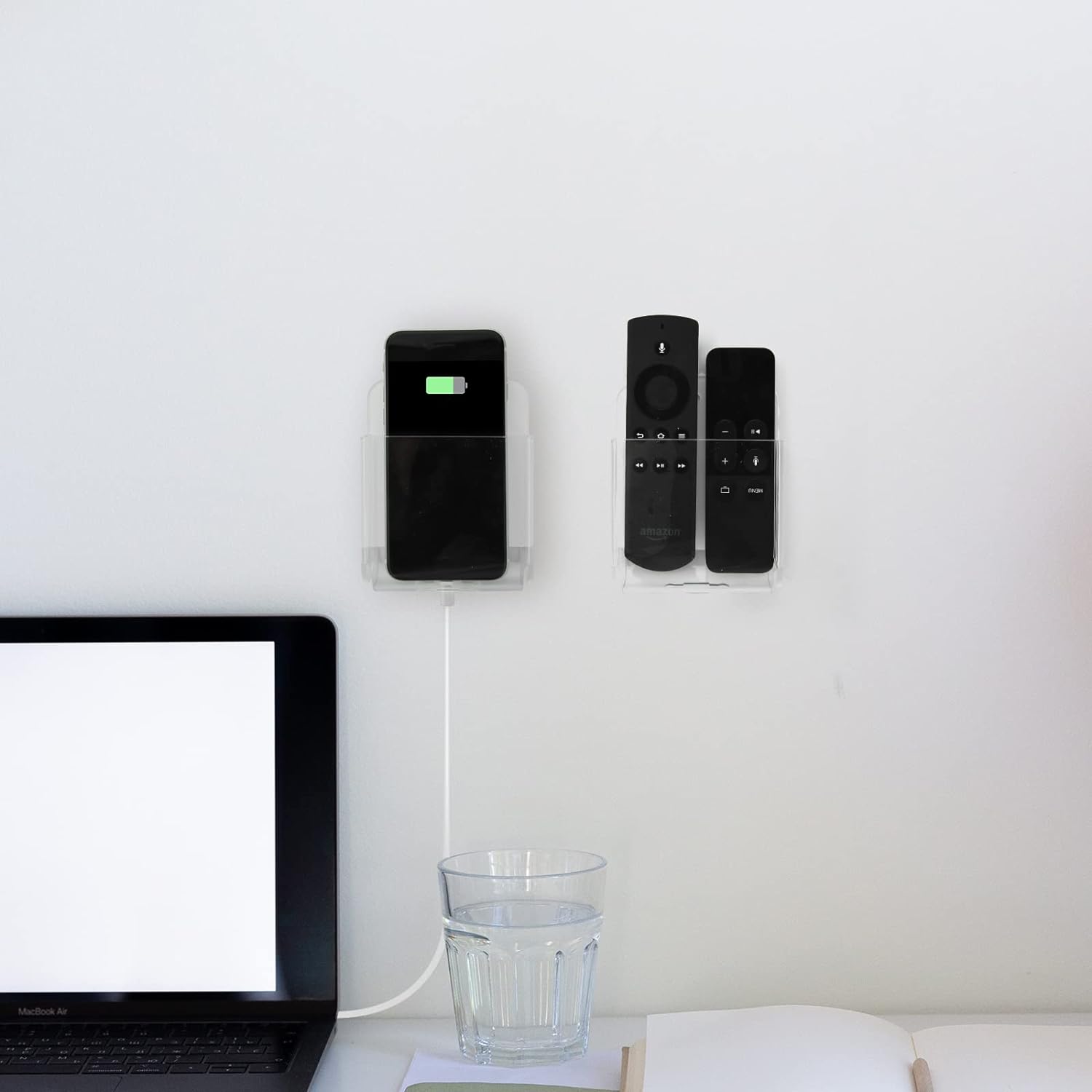 Cosmos Pack of 2 Acrylic Remote Control Holder Adhesive Wall Mount Phone Holder Wall Mount Organizer Media Storage Box Phone Charging Storage Box for Home Office Living Room Bedroom (Transparent)