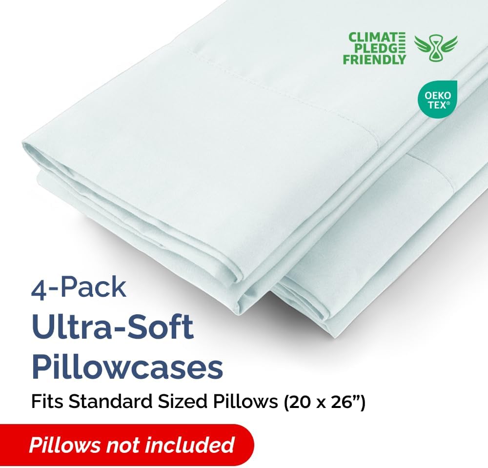 Standard Pillow Cases - 4 Pack - Super Soft Pillowcase Covers - Envelope Enclosure - Hotel Quality Pillow Protectors - Wrinkle Free, Shrink & Stain Resistant - Machine Washable - 20" x 26" (Ice Blue)