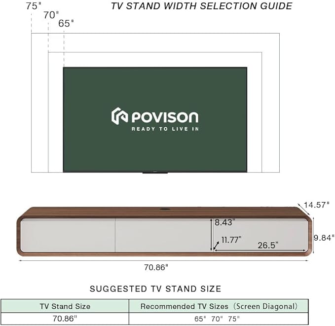 POVISON Fully-Assembled Minimalist Floating TV Stand, Modern Wall-Mounted Entertainment Center with 3 Flip-Down Cabinet Doors, Solid Wood Media Console, Walnut & White, 70.87"