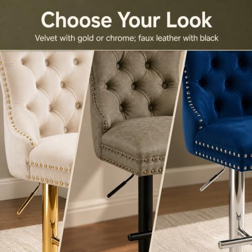 Blue Modern Swivel Bar Stools Set of 2, Velvet Counter Height Bar Stools for ...
